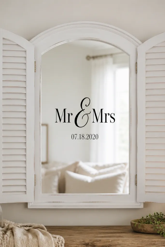 A mirror mounted inside a white shutter-style frame, with 'Mr & Mrs' in black vinyl at the center and small date text below.