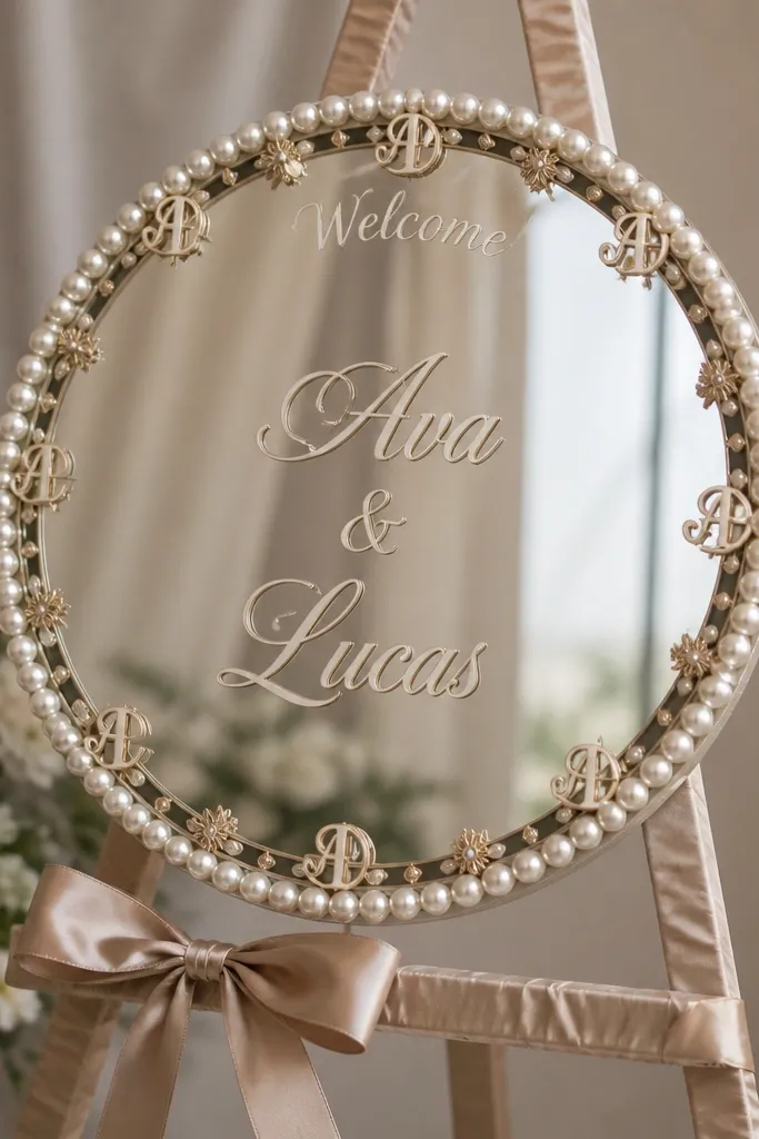 A round mirror with a pearl-trim monogram border, 'Welcome' in small script at the top, and names in the center, supported by a satin ribbon-wrapped stand.