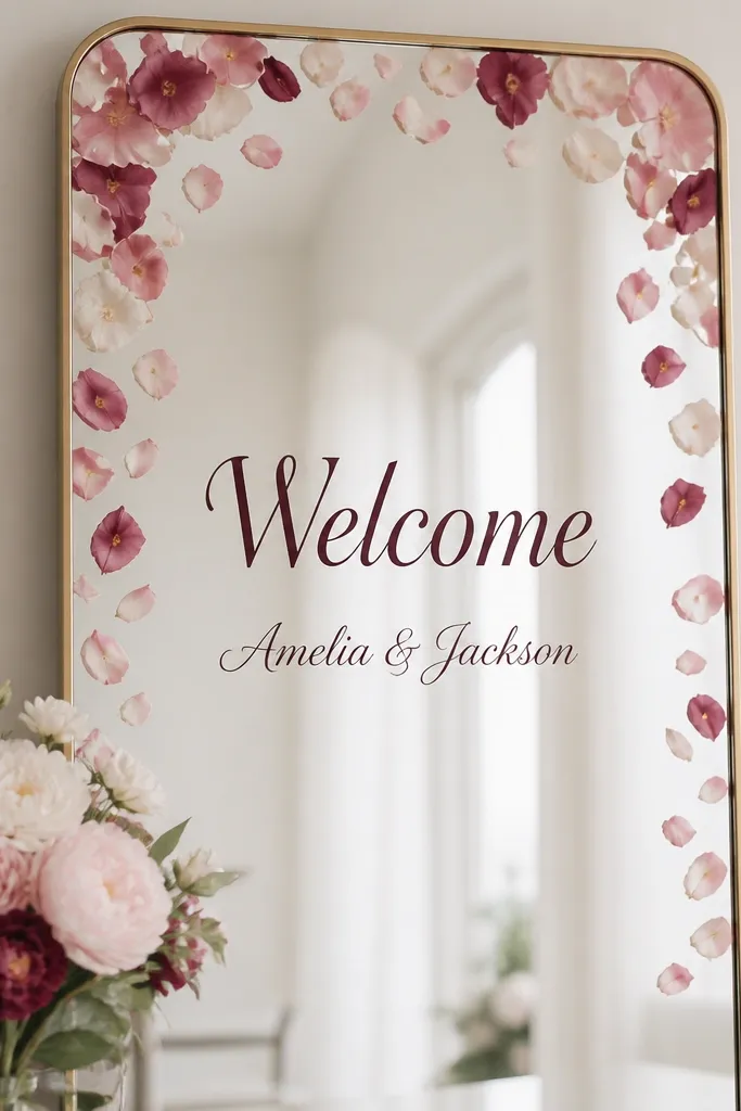 A mirror with a border of scattered peony petals along the top and sides, with 'Welcome' in deep plum vinyl and names in smaller script beneath.