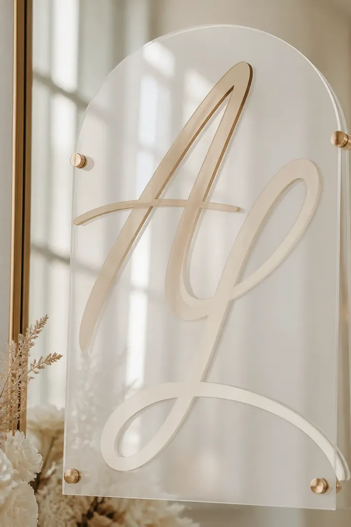 A translucent acrylic welcome sign attached to a mirror, showing layered names in champagne and cream with a soft gradient effect.