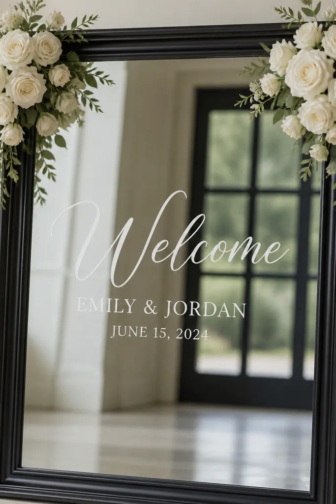 A black-framed rectangular mirror with 'Welcome' in white vinyl and names below, plus white rose clusters tucked into the top-left and top-right corners.
