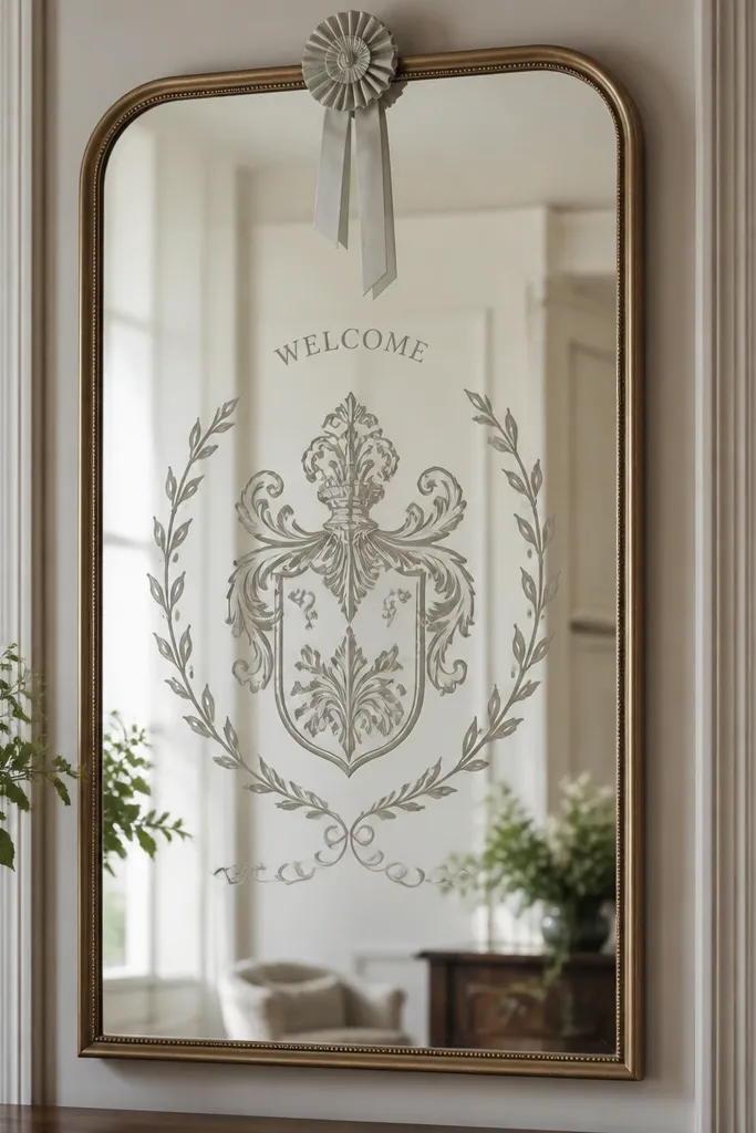 A mirror with a monochrome crest graphic in vinyl, 'Welcome' in small text above, and a thin ribbon rosette pinned at the top center.