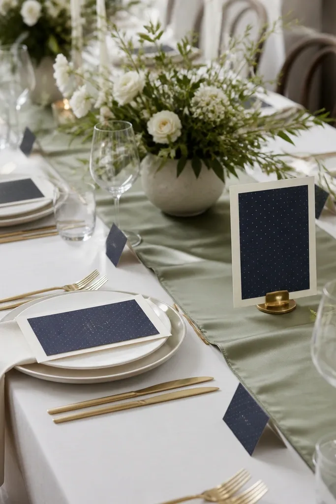 A sage-green satin runner down the center of the table. Place cards are navy cardstock with tiny white micro dots. Menus and table numbers are navy with the same dot pattern, laid on small ivory cards.