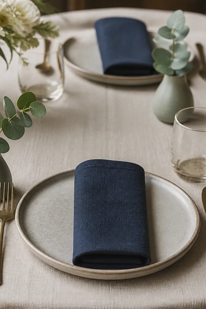Each place setting has navy linen napkins folded into a rectangle with a slight roll. Antique brass flatware sits neatly aligned. A sage ceramic bud vase with one eucalyptus sprig is placed near the fork.