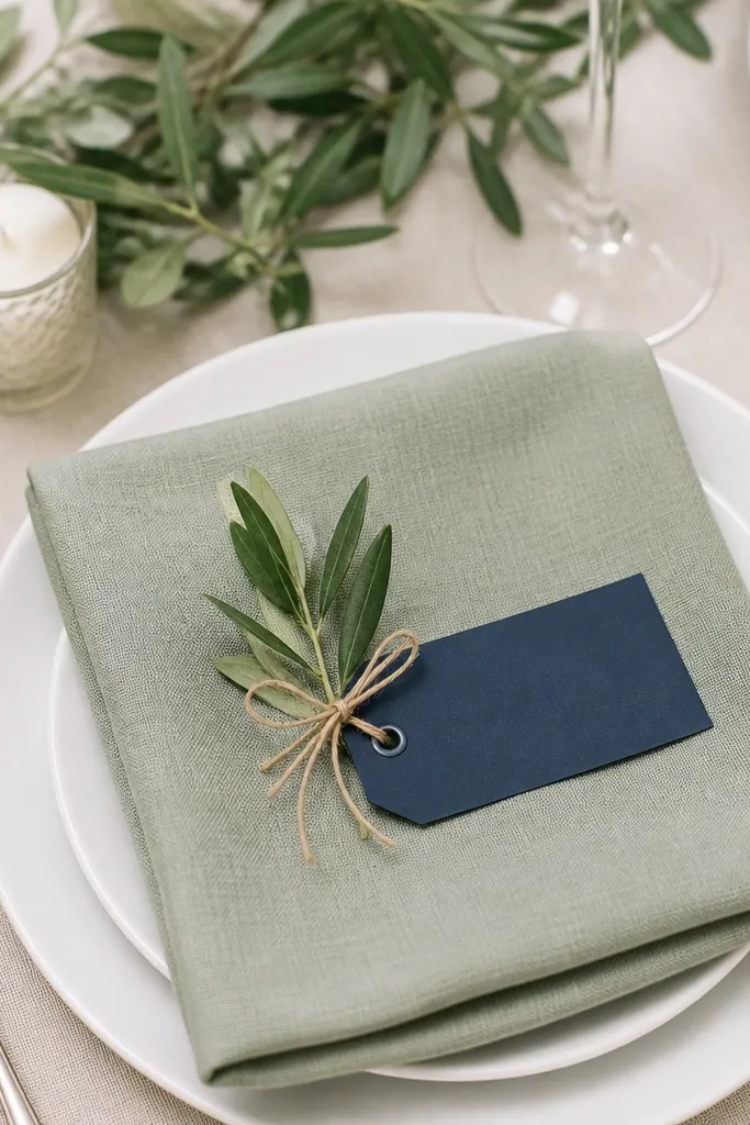 Sage linen napkins folded into a simple square sit beside white plates. Navy place cards are tied with thin natural twine to small sprigs of greenery. Navy ink text is clean and centered.