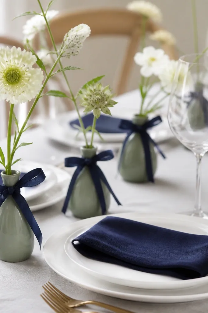 Small sage-green bud vases hold single stems. Each vase has a navy satin ribbon tied around the neck with a neat bow. Place settings have white plates and navy napkins.