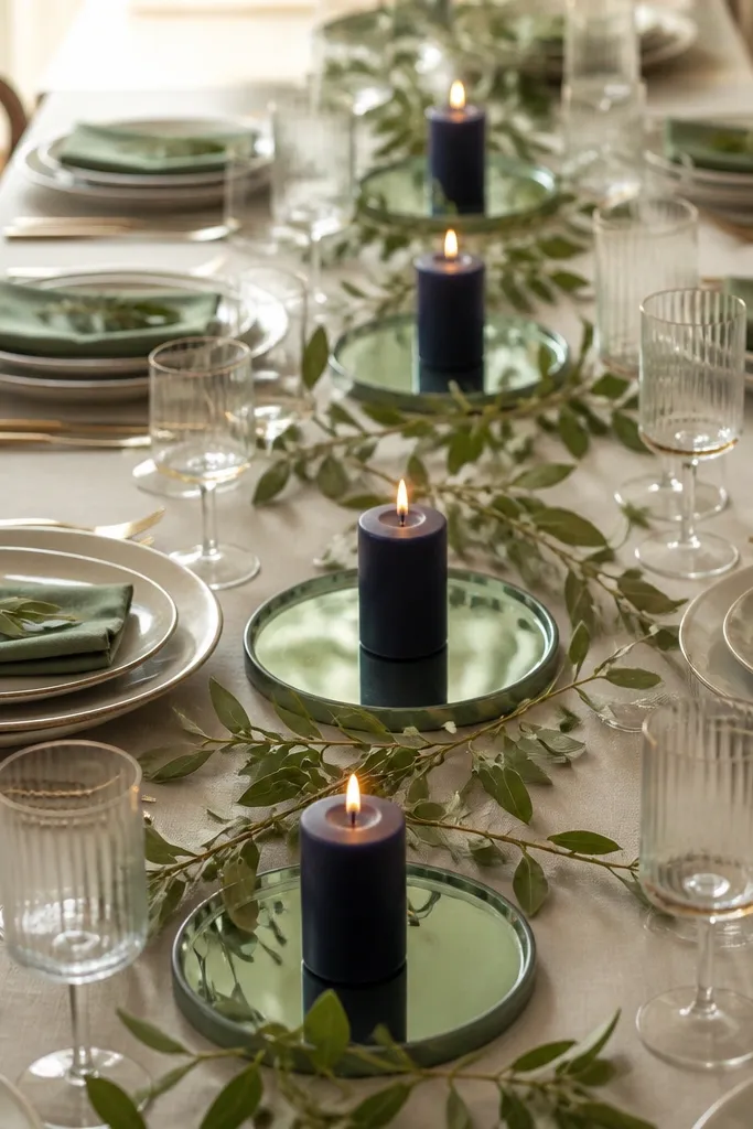 Short navy candles sit on mirrored trays with a sage tint. The trays reflect the green and show warm candle glow. Each tray is placed between place settings along the table length.