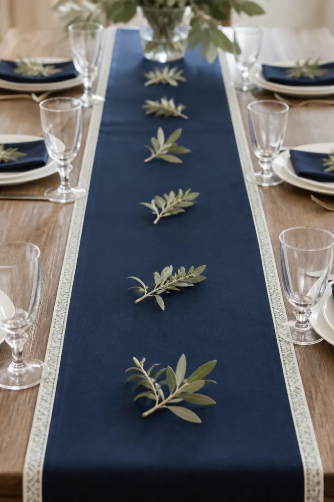 A navy runner runs down the table, edged with a thin border of sage floral tape. Small sage sprigs sit along the border like a line. Place settings are clean with white plates and navy napkins.