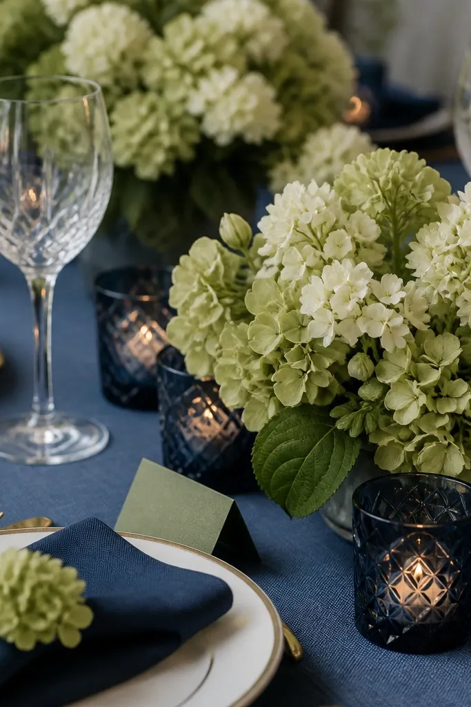 Cut-glass votives in deep navy sit in groups. Each centerpiece cluster uses sage-toned hydrangeas with a few white blossoms. Navy napkins and sage place cards repeat the color theme.