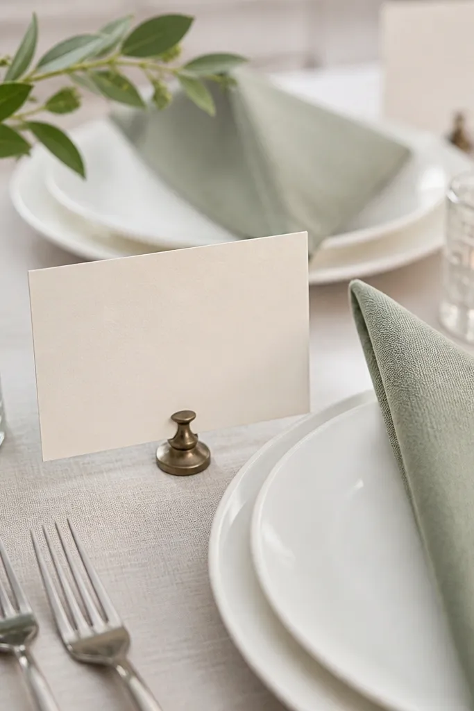 Sage napkins folded into a simple triangle sit beside white plates. Navy hand-lettered place cards are on thick cream cardstock. The cards are placed upright in small holders.