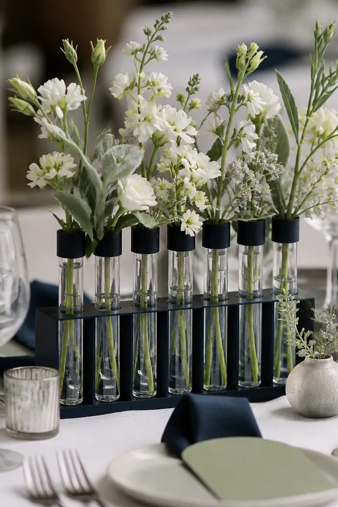 Small clear test tubes hold sage and white flowers, grouped in a navy holder. Place settings have navy napkins and sage table numbers. The test tube caps are dark navy.
