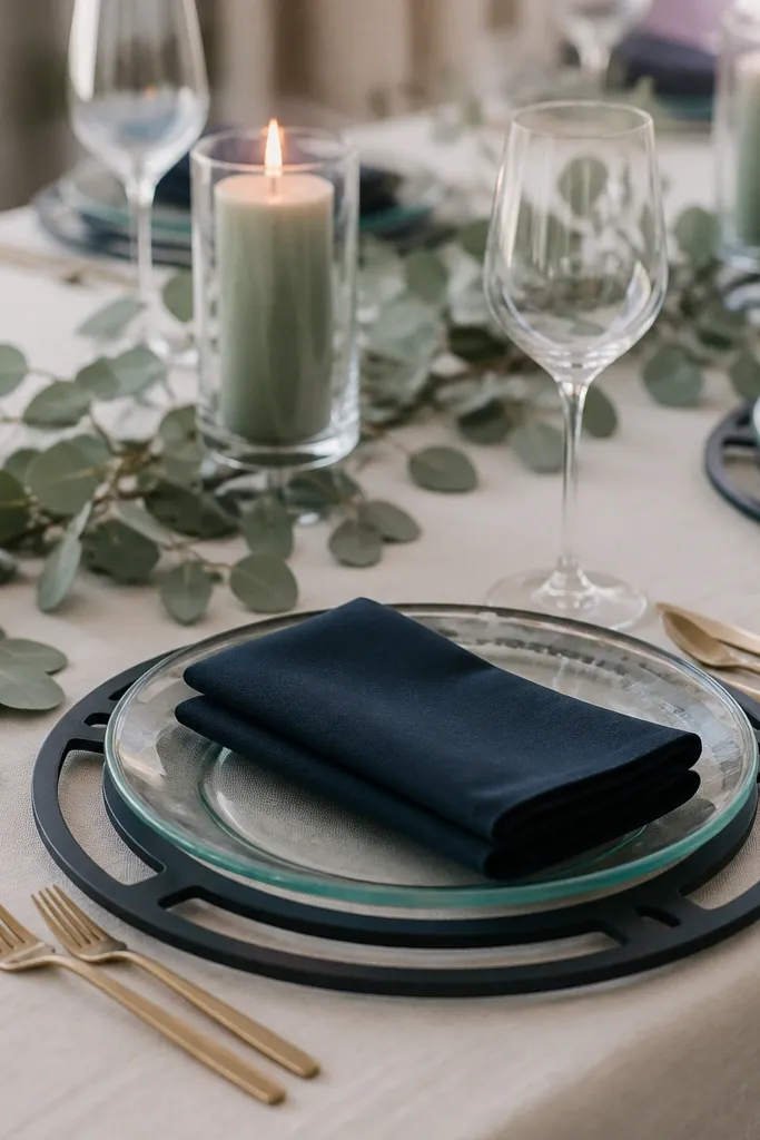 Clear plates with a sage tint sit on top of navy charger frames. Napkins are navy, and the table has minimal decor with a single sage candle per cluster.