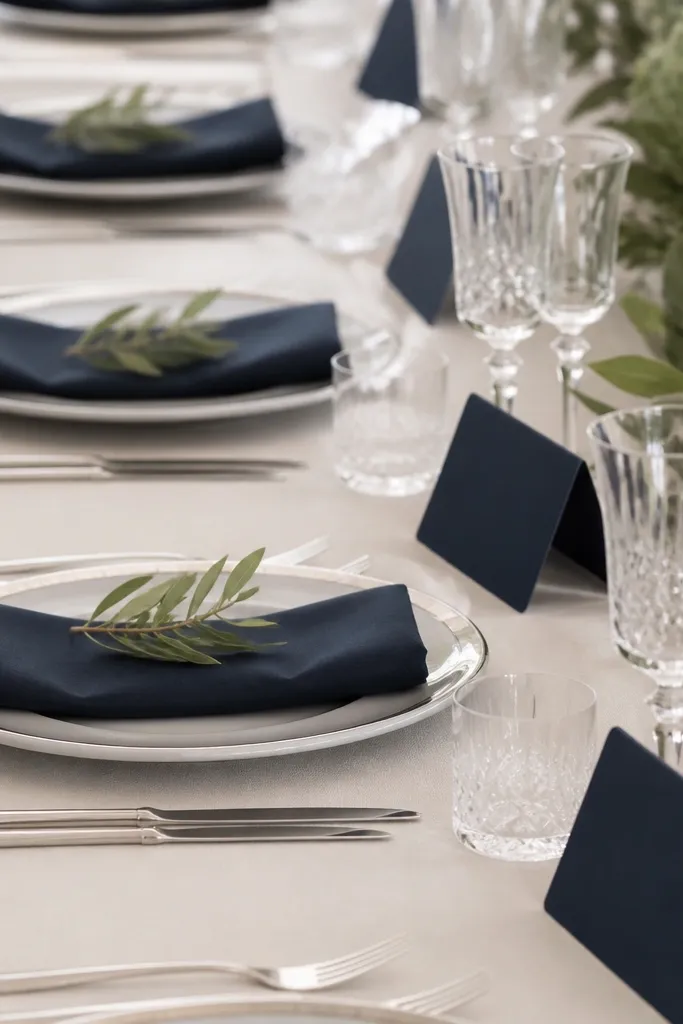 A close view of multiple place settings aligned perfectly. Navy napkins are folded the same way, navy place cards align at the same height, and sage accents are identical small sprigs.