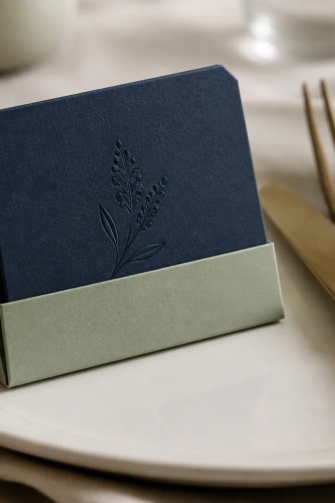 A close-up of navy place cards tucked into a slim matchbook-style paper stand, with sage cardstock backing. The stand sits on a white plate rim, next to antique brass flatware. Navy ink is crisp and slightly raised, and the sage cardstock has a soft matte finish under warm table lighting.