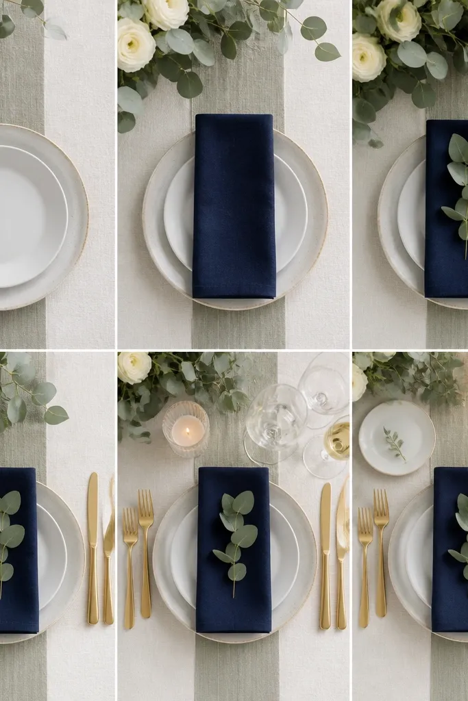 Navy vs sage wedding table settings steps