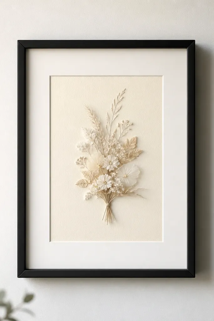 A black metal wedding card frame with a white/ivory mat border, holding a cream card. It is mounted on a smooth wall using small removable adhesive hook strips, with the frame hanging straight and centered.