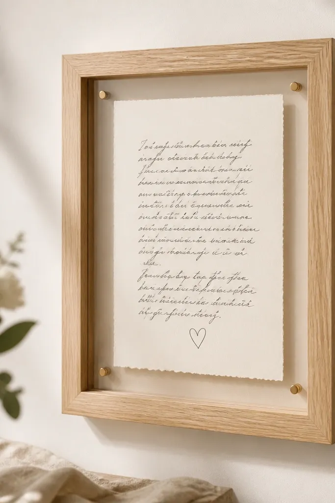 A light natural oak wedding card frame with visible wood grain and a clear acrylic front. Inside is a 5x7 cream card with dark ink handwriting, mounted on a wall using no-drill removable pads.