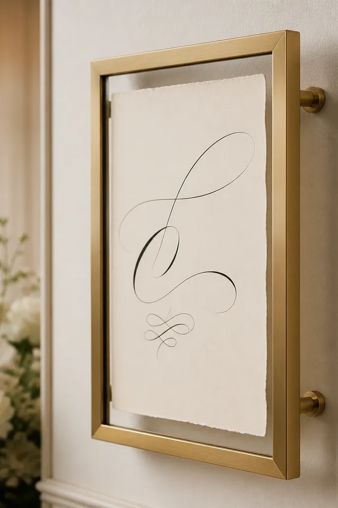 A brushed brass wedding card frame with a warm gold finish, holding a cream card with black calligraphy. The frame is attached to the wall using stand-off no-drill mounts so it sits slightly away from the surface.