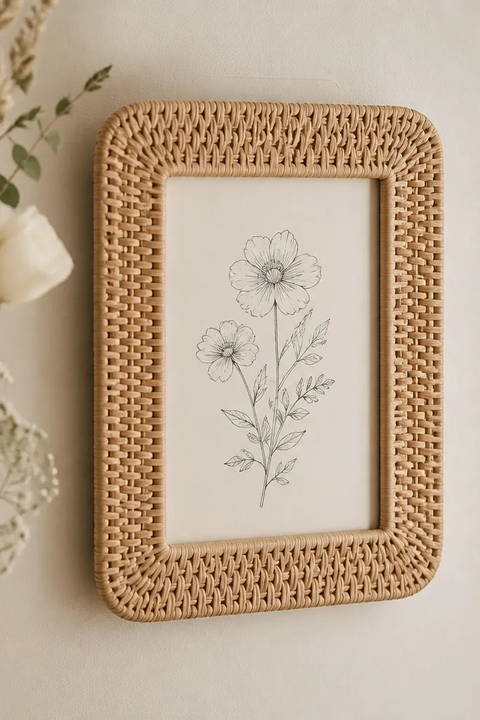 A rattan-wrapped wedding card frame with a light beige woven texture. A cream card with dark ink sits inside, mounted on a wall with no-drill removable strips.