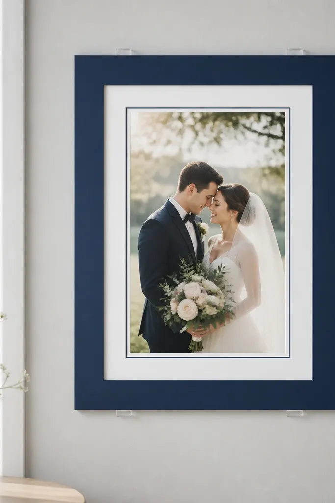 A deep navy blue wedding card frame with a white inner insert and a thin border around a card. It is mounted using removable no drill wall mounts on a light gray wall.