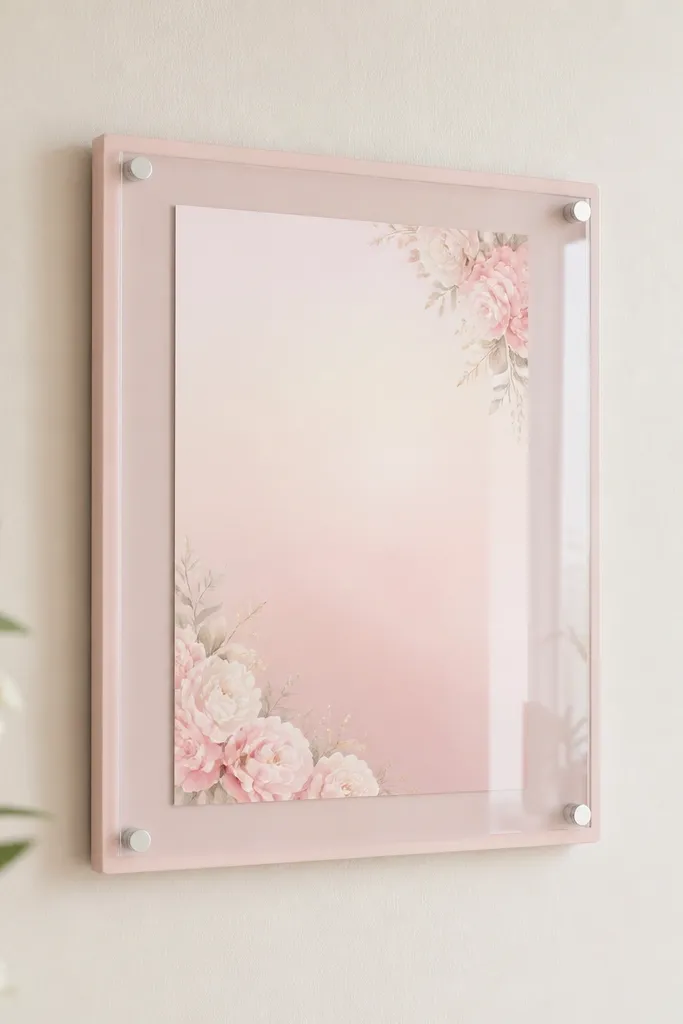 A blush pink wedding card frame with a clear front and a card that has a subtle gradient background. The frame is mounted on a wall with no drill removable adhesive strips.