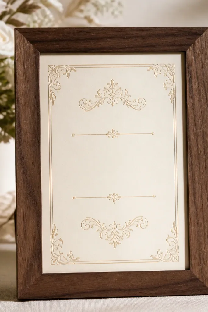 A walnut wood wedding card frame with a warm brown grain. Inside is a card that looks like engraved-style typography in pale gold or cream, mounted with no drill removable pads.