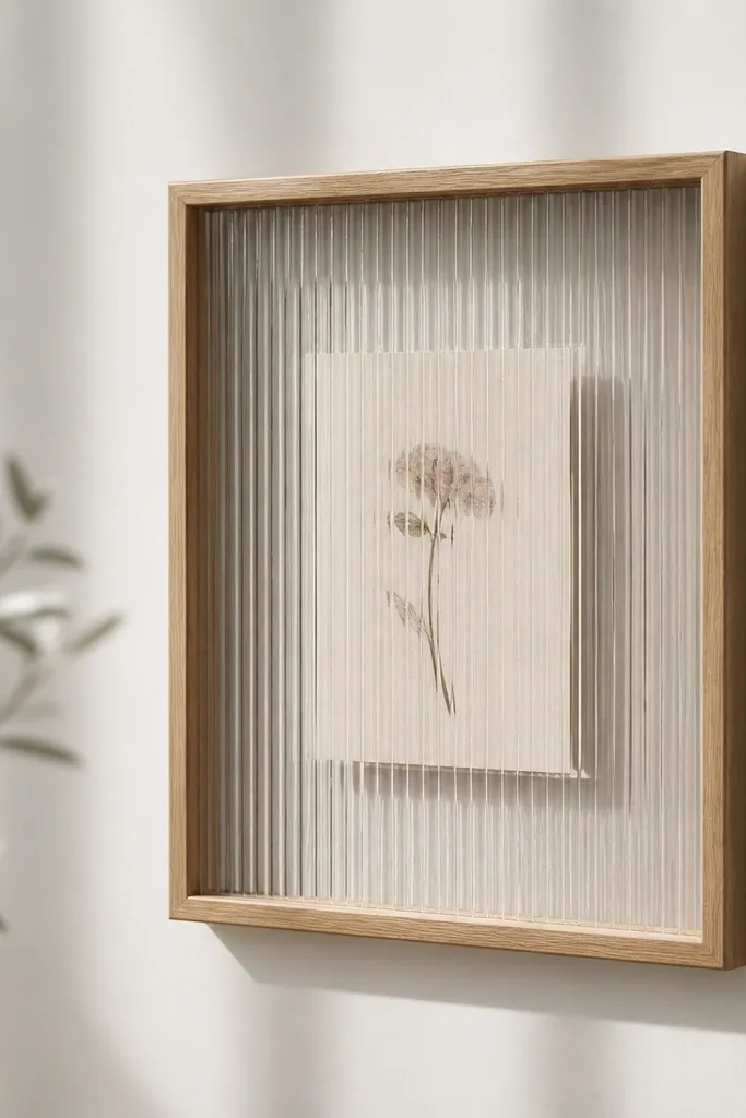 A frame with a ribbed glass front or ribbed acrylic front that creates vertical texture. A card sits inside a clear pocket, mounted with no drill removable brackets.