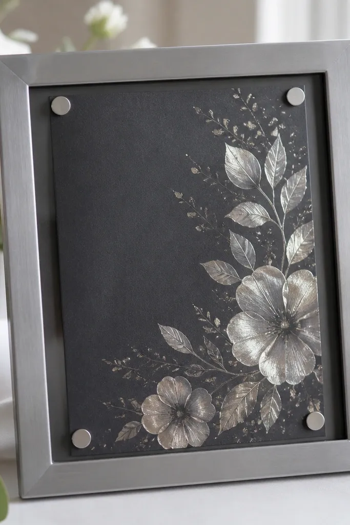 A pewter gray wedding card frame with a cool metallic finish. Inside is a card with metallic ink accents and a dark background, mounted with removable no drill pads.