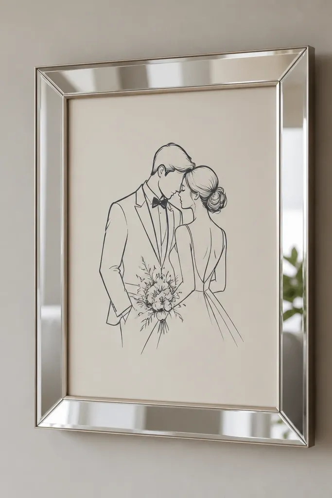 A silver mirror-look wedding card frame with reflective edges. The card inside is off-white with dark ink. The frame is mounted on a wall using removable no drill mounts, positioned slightly away from direct lights.