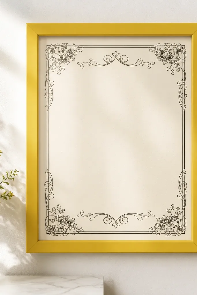 A sunflower yellow wedding card frame with a clean border. Inside is a cream card with black script. The frame is mounted on a white wall using removable no drill adhesive strips.
