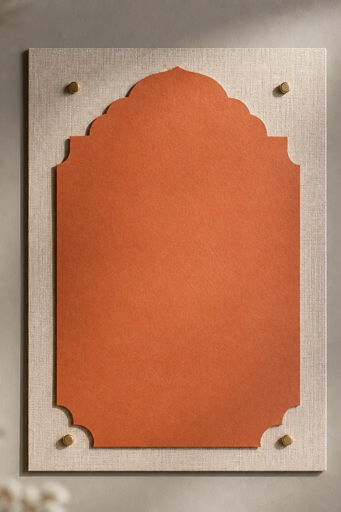 A terracotta terracotta-orange wedding card frame. Behind the card there is a textured linen-like backer visible around the edges. The frame is mounted with removable pads on a neutral wall.