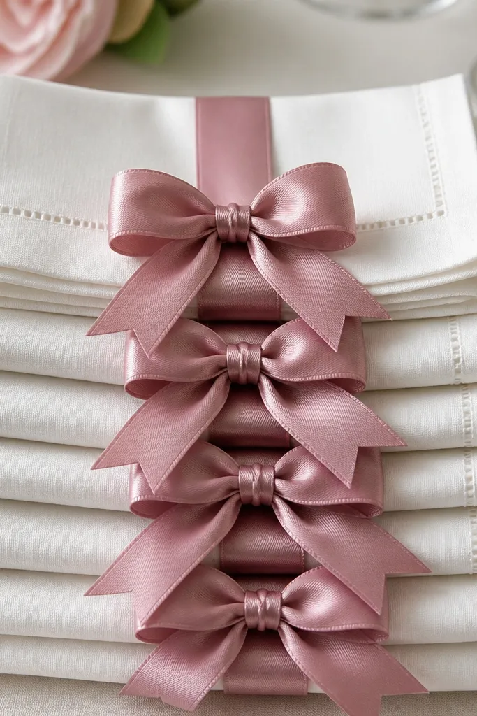 A stack of folded white cloth napkins with a dusty rose satin ribbon band wrapped around each napkin. The bow sits at the front center, loops are symmetrical, and the ends are trimmed at a V shape.