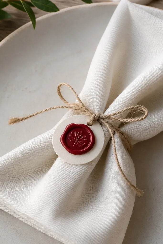 A cream napkin folded and tied with natural twine. A small red wax seal is pressed onto a circle of parchment attached to the twine knot.