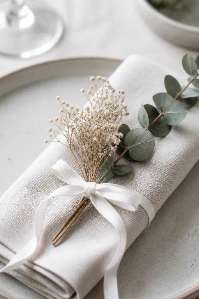 A small cluster of dried baby's breath and a single eucalyptus sprig tied with white ribbon around a folded napkin. The sprig is positioned at the top corner.