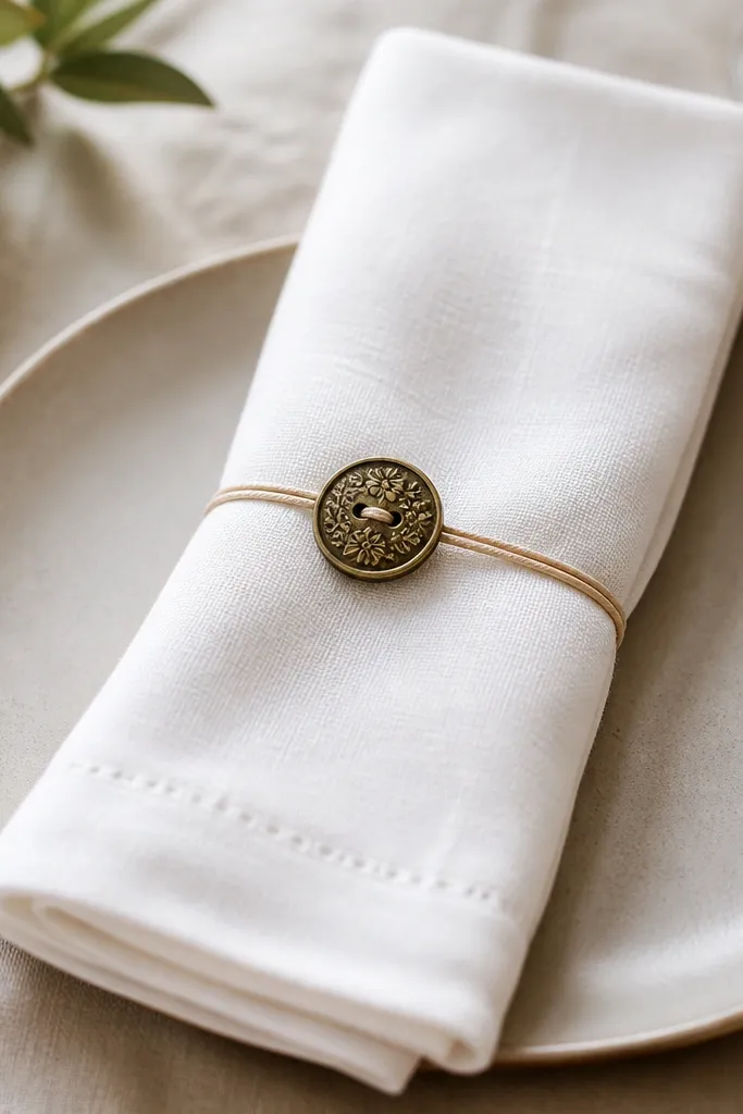A white napkin folded and held by a small vintage-style button with a thin elastic band looping around the napkin. The button sits centered on the front.