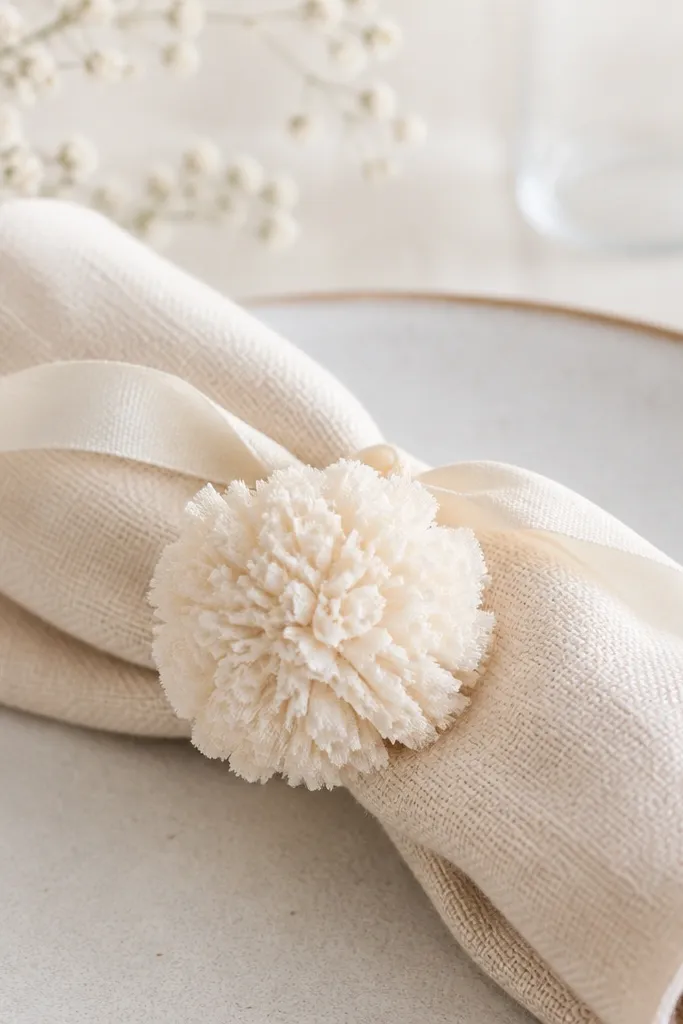 A small pom-pom made from ivory fabric scraps attached to a ribbon tie around a folded napkin. The pom-pom looks fluffy and evenly rounded.