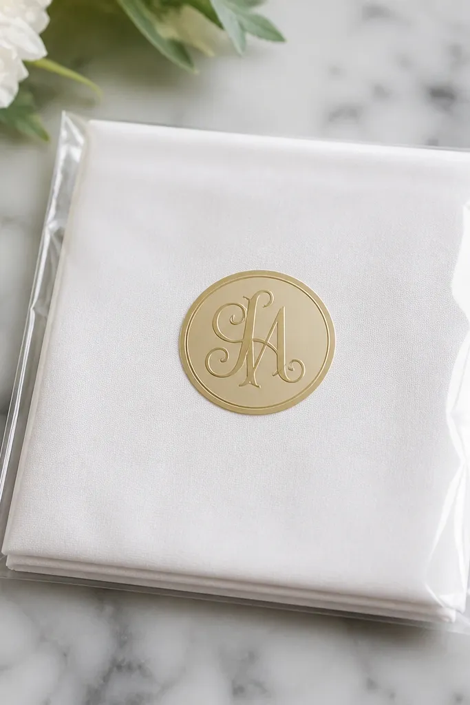 A clear vinyl sleeve around a folded white napkin. A gold monogram sticker sits on the front, centered and crisp, with no visible tape residue.