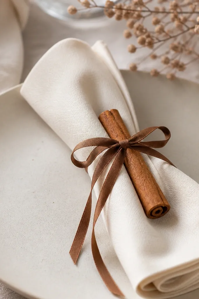 A cream napkin tied with a narrow brown ribbon around a single cinnamon stick. The cinnamon stick is visible along the side of the napkin, with ribbon tails hanging down.