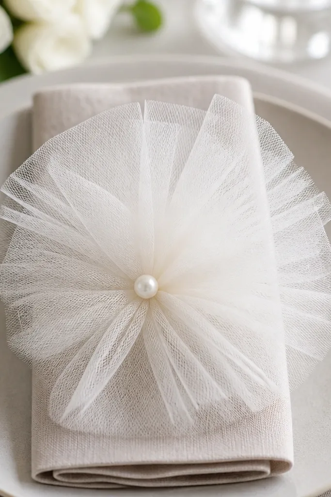 A soft white tulle puff tied around a folded napkin with a tiny pearl-like button centered on the front.