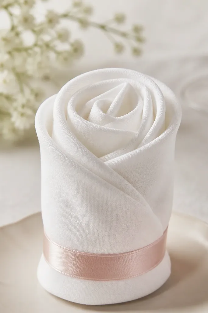 A white cloth napkin rolled into a rose-like swirl. A small blush satin ribbon band wraps around the base of the rose shape.