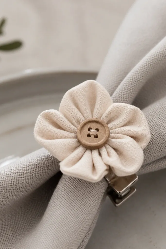 A small fabric flower pinned to a cloth napkin using a metal clip. A button center sits on the flower, and the clip holds the napkin edge.