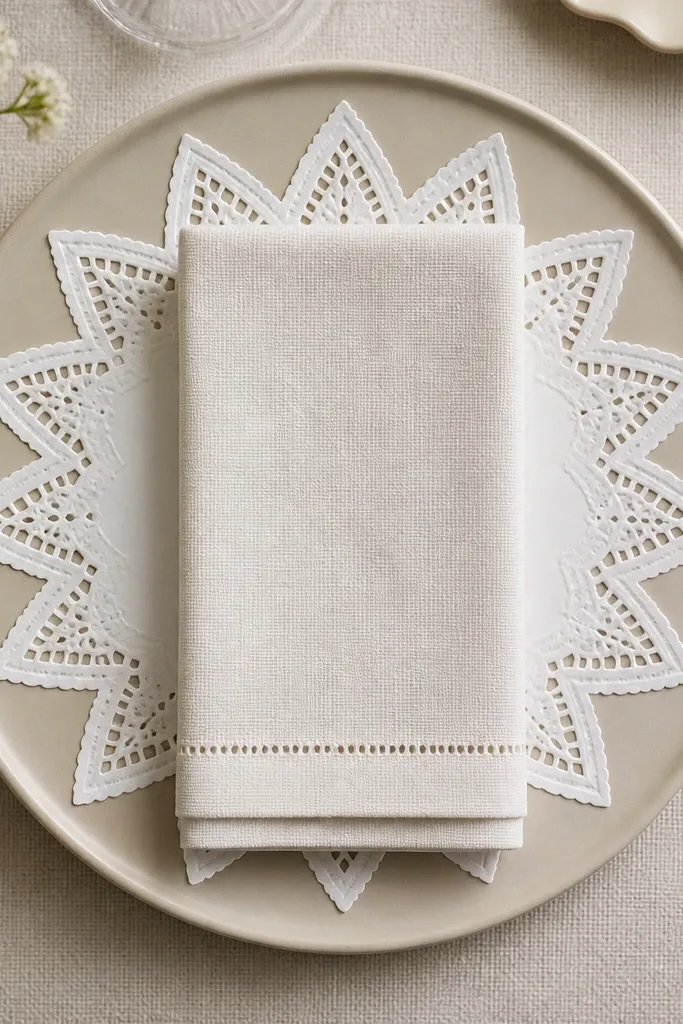 A white paper doily cut into a sunburst shape under a folded napkin. The napkin sits centered on top, with the doily tips radiating outward.