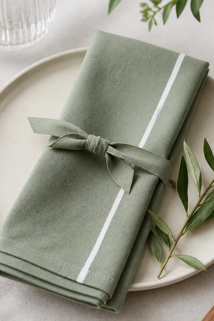 A sage cloth napkin with a narrow hand-painted white stripe near the fold. A matching ribbon tie wraps around the stripe area.