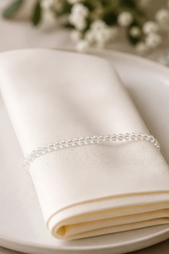 A folded ivory napkin tied with a single strand of small clear beads. The beads sit near the front edge, forming a neat line.