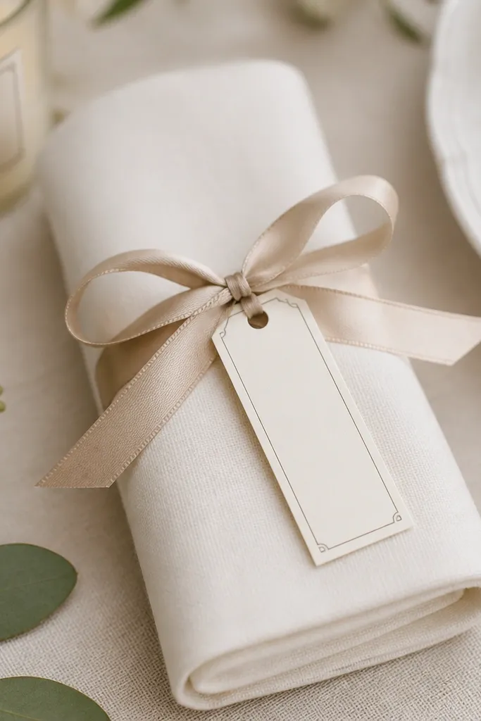 A small ribbon bow tied to a folded napkin with a thin tag that matches candle labels. The ribbon looks like satin, and the tag is printed with simple black text.