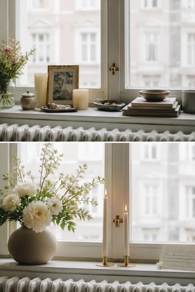 A window scene comparison. Before: window clutter with random items and a small bouquet off to the side. After: a clean window ledge with one large bouquet in a matte vase, two slim taper candles, and a small handwritten card propped flat.