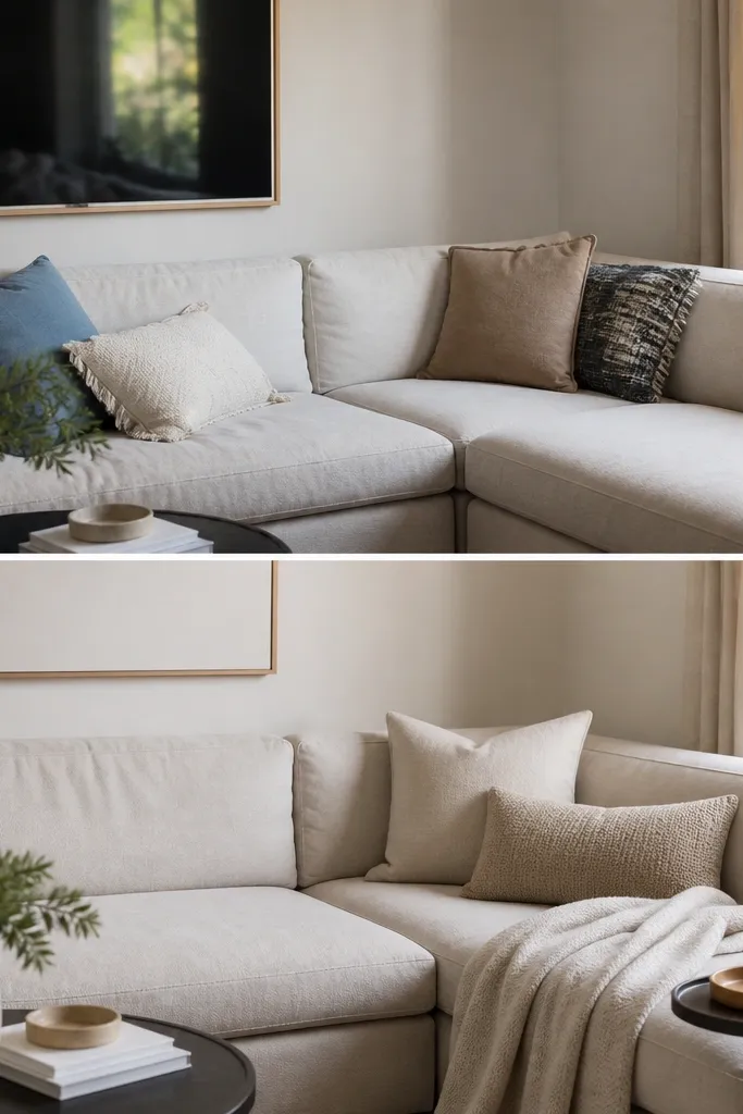 A living room corner before-and-after. Before: couch with random pillows and a visible TV reflection. After: a draped oatmeal throw over one arm, two coordinated pillows, and a small tray with a ring box on a side table.