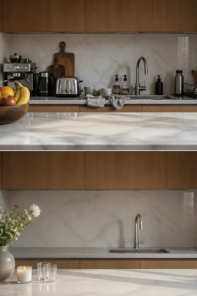Kitchen counter before-and-after. Before: fruit bowl, appliances, and sink clutter. After: empty counter except a matte vase with white flowers, a small candle, and two glasses; sink area is closed off and tidy.