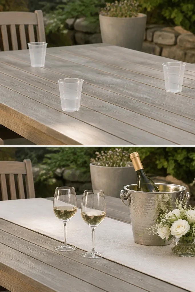 Outdoor patio before-and-after. Before: table with plastic cups and a bare surface. After: linen runner, two wine glasses, a silver ice bucket with one bottle, and a small bouquet in a low vase.