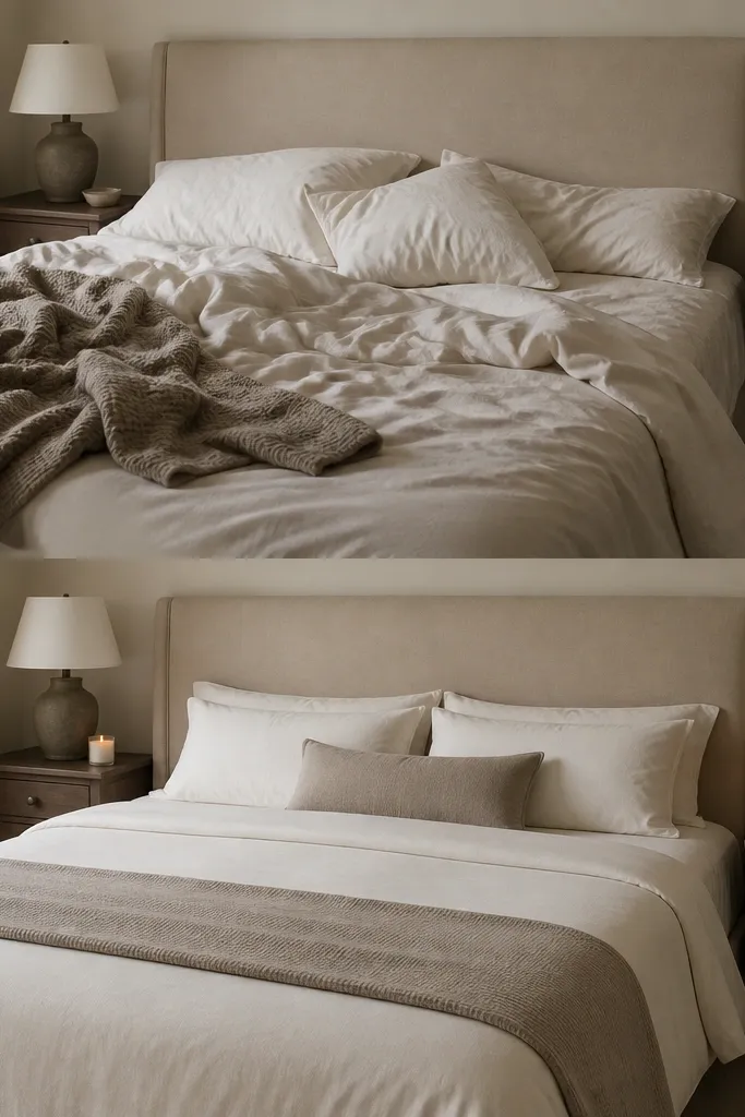 Bedroom before-and-after. Before: unmade bed and scattered blankets. After: neatly made bed with a sheet tuck at the foot, two small nightstand candles, and a single bouquet placed at the headboard side.